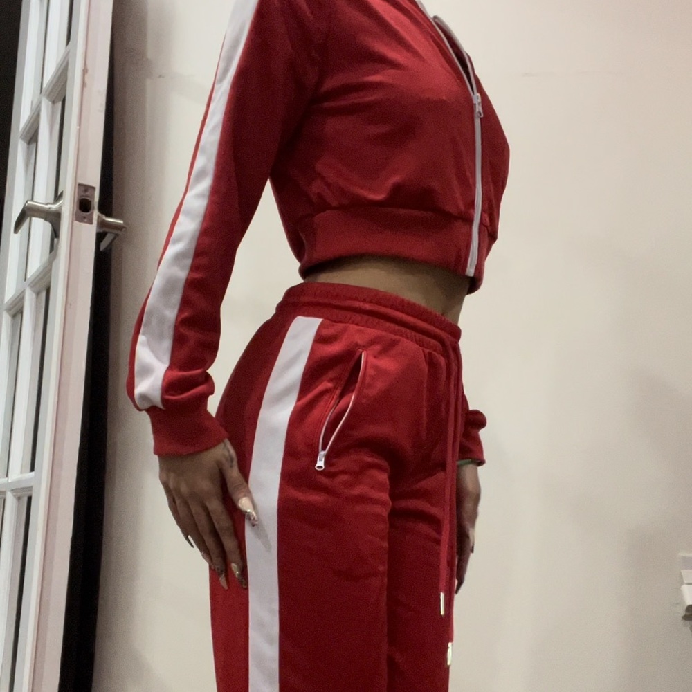 Fashion Nova Red Track Suit with White Stripe Jacket + Long Pants Set